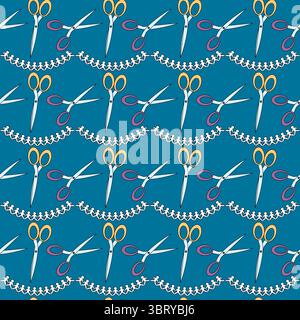 Seamless vector pattern with school scissors and paper garlands. Illustration on blue background. Creative classroom supplies. For back to school them Stock Vector