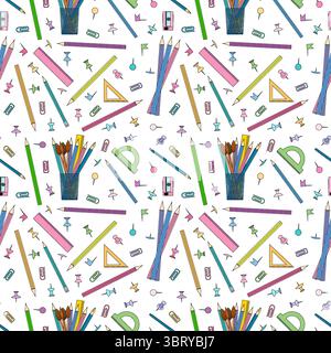 Seamless school supplies pattern with pencils, rulers, sharpeners, push pins, protractors, paintbrushes, and paper clips on white background. For back Stock Vector