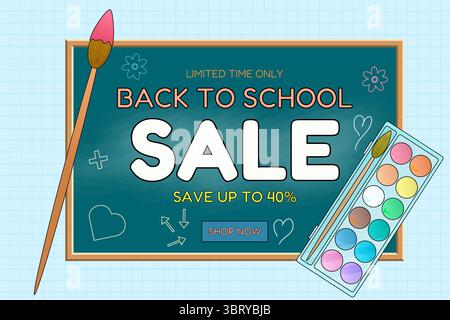 Back to school sale banner with chalkboard, watercolor set, and paintbrush. Creative school promotion concept on graph background. For seasonal shoppi Stock Vector
