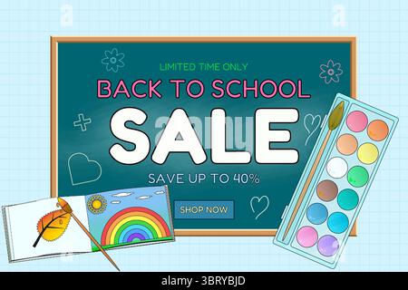 Back to school sale banner with watercolor palette, chalkboard, and children painting supplies on graph background. For seasonal promotion, shopping a Stock Vector