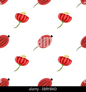 A seamless folk art vector pattern featuring red flowers and red oval shapes on a white background. The flowers have yellow centers and green stems, c Stock Vector