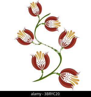 A decorative folk art vector floral design featuring stylized flowers with red petals and golden stamens, arranged in a flowing vine folk art vector p Stock Vector