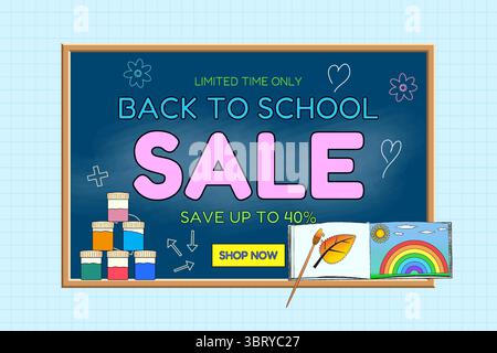 Back to school sale banner with chalkboard, paints, brush, and coloring book. Creative school supplies seasonal promotion on graph background. For sho Stock Vector