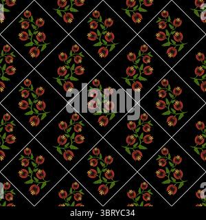 A seamless folk art vector pattern featuring stylized red tulips and green leaves on a black background, arranged in a diamond grid layout. Stock Vector
