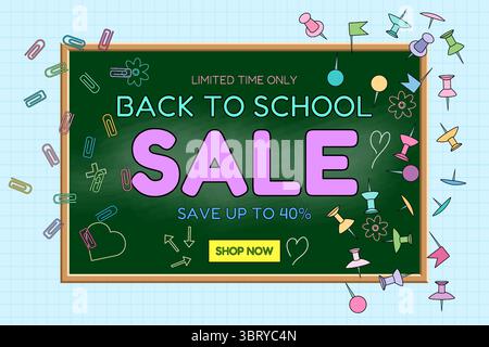 Back to school sale banner with green chalkboard, paper clips, push pins, and promotional message on graph background. For seasonal promotion, shoppin Stock Vector