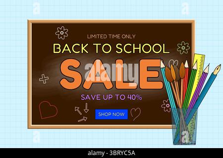 Back to school sale banner with chalkboard and container of pencils, pens, brushes and ruler. School supplies promotion on graph background. For seaso Stock Vector