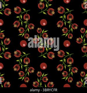A seamless folk art vector pattern featuring stylized flowers and circular shapes on a black background. The design includes red and yellow flowers in Stock Vector