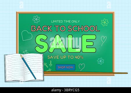 Back to school sale banner with chalkboard, green SALE text, notebook and pen illustration on graph background. For seasonal promotion, shopping adver Stock Vector