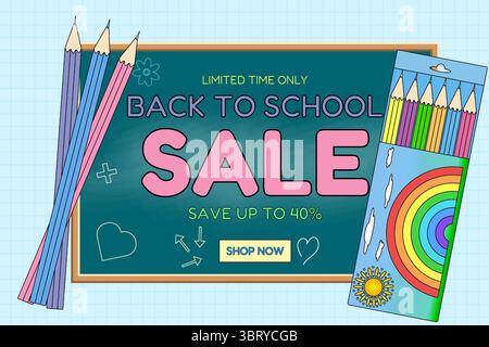 Back to school sale banner with chalkboard, colored pencils, and rainbow packaging illustration on graph background. For seasonal promotion, shopping Stock Vector