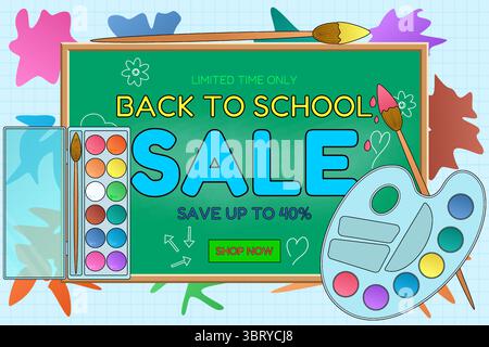 Back to school sale banner with green chalkboard, watercolor set, paint palette, brushes and colorful paint splashes on graph background. For seasonal Stock Vector