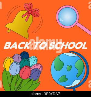 Concept poster with back to school vector scene of bell, tulips, globe, and magnifying glass on orange background. For educational website, promotiona Stock Vector