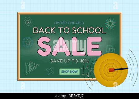 Back to school sale vector banner with green chalkboard and ringing school bell. Academic supplies promotion on graph background. For seasonal promoti Stock Vector