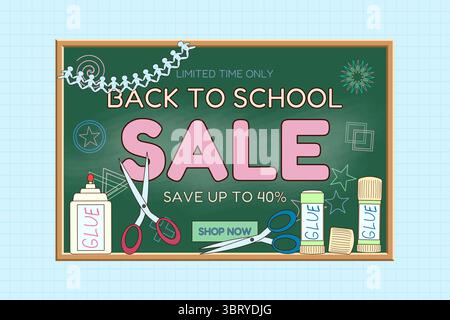 Back to school sale chalkboard banner with scissors, glue, paper garland and decorative chalk doodles. Cartoon promotion design on graph background. F Stock Vector