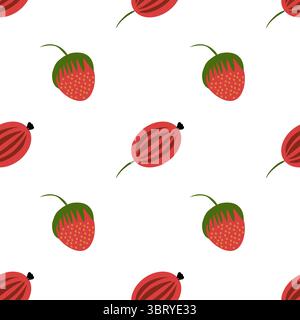 A seamless folk art vector pattern featuring stylized strawberries and gooseberries on a white background. The design showcases vibrant red strawberri Stock Vector