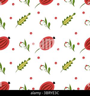A seamless folk art vector pattern featuring red watermelons, green leaves, and small red berries on a white background. The design is playful and vib Stock Vector