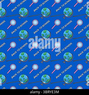 Seamless vector pattern with globes, magnifying glasses, pointers and text on blue background. For back to school theme, school supplies or stationery Stock Vector