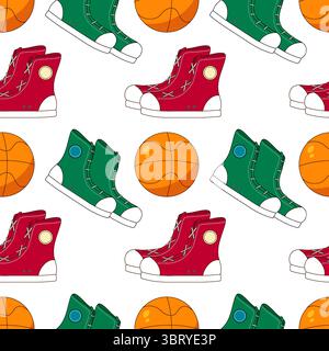 Seamless pattern with red and green sneakers and orange basketballs on white background. For back to school theme, school supplies, stationery, or spo Stock Vector