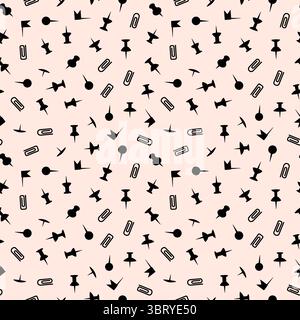 Seamless minimalist pattern with silhouettes push pins, paper clips and flag pins on beige background. For back to school theme, school or office supp Stock Vector
