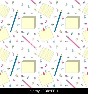 Seamless pattern with school stationery including pencils, sticky notes, paper sheets, and colorful push pins on white background. For back to school Stock Vector
