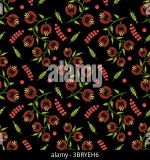 A seamless floral folk art vector pattern featuring stylized flowers, berries, and leaves on a black background. The design is vibrant and colorful, i Stock Vector