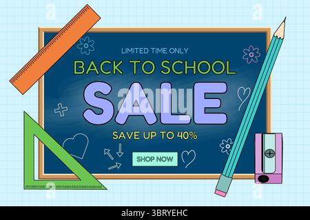 Back to school sale banner with chalkboard, pencil, ruler, triangle, sharpener, and doodles on checkered background. For seasonal promotion, shopping Stock Vector