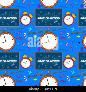 Seamless back to school pattern with clocks, alarm clocks, chalkboards and arrows on blue background. For back to school theme, school supplies or sta Stock Vector