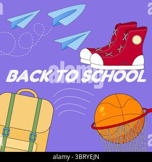 Back to school illustration concept with sneakers, backpack, basketball hoop, paper planes and chalk text on purple background. For educational websit Stock Vector