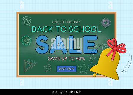 Back to school sale vector banner with chalkboard, golden bell, and colorful classroom doodles on graph background. For seasonal promotion, shopping a Stock Vector