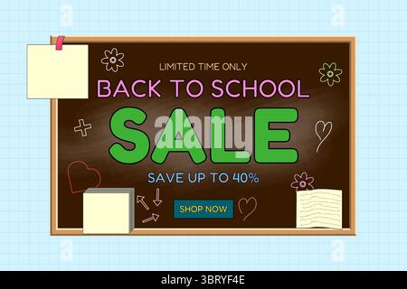 Back to school sale chalkboard with sticky notes, hand-drawn doodles, and discount message on grid paper background. For seasonal promotion, shopping Stock Vector