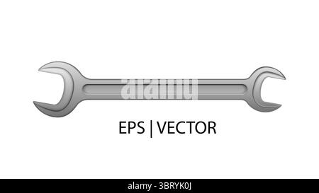 Realistic vector wrench or spanner isolated on white background. Close up silver metal stainless wrench. Top view. Two-way wrench tool. Stock Vector