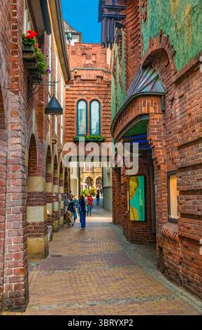 Great view of the popular street Böttcherstrasse looking towards the entrance near the Paula Modersohn-Becker house in the city centre of Bremen. The... Stock Photo