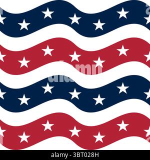 A repeating vector pattern of wavy stripes in red, white, and blue, featuring white stars on the blue stripes. The design evokes a patriotic theme, su Stock Vector