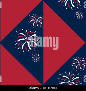 A geometric vector pattern featuring red and navy blue shapes with stylized fireworks in white, red, and blue. The design is festive and suitable for Stock Vector
