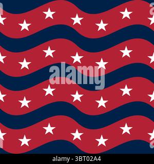Seamless vector pattern with wavy red stripes and white stars on a dark blue background. Stock Vector