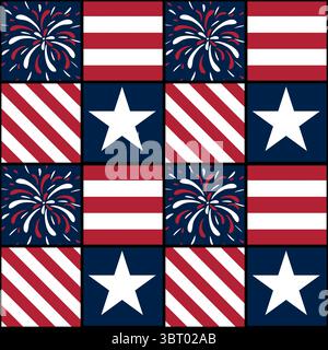 A vibrant vector pattern featuring alternating squares with American flag motifs, stars, and fireworks. The colors red, white, and blue dominate, crea Stock Vector