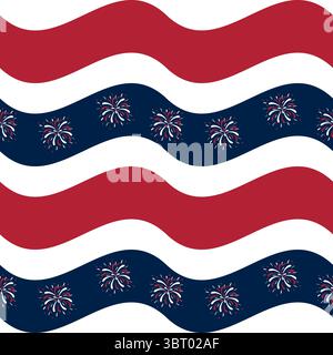 A festive vector pattern featuring alternating red and white wavy stripes with navy blue sections adorned with colorful fireworks. Ideal for patriotic Stock Vector