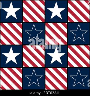 A repeating vector pattern featuring red and white stripes with blue squares containing white stars. The design is reminiscent of patriotic themes, su Stock Vector