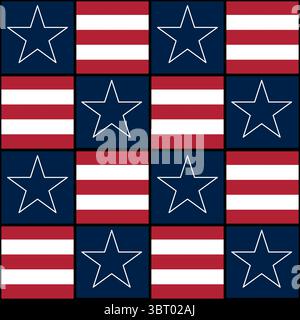 A repeating vector pattern of stars and stripes, featuring red and white stripes with blue backgrounds and outlined stars. Ideal for patriotic themes, Stock Vector