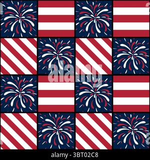 A festive vector pattern featuring alternating squares with red and white stripes, blue backgrounds, and colorful fireworks designs. Ideal for patriot Stock Vector