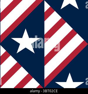 A geometric vector pattern featuring red and white stripes arranged in a diamond shape on a blue background, interspersed with white stars. Stock Vector