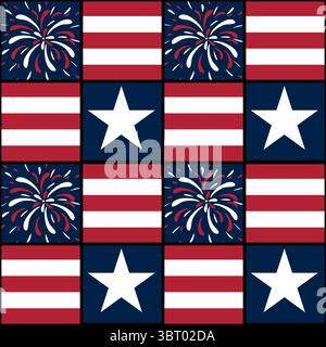 A vector patterned design featuring alternating squares with American flags, stars, and fireworks. The colors are red, white, and blue, creating a fes Stock Vector