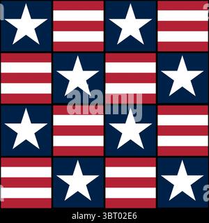 A repeating vector pattern of stars and stripes, featuring red and white stripes with blue backgrounds and white stars, creating a patriotic design. Stock Vector