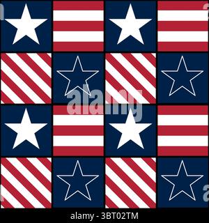 A vector patterned design featuring alternating squares with stars and stripes in red, white, and blue colors, reminiscent of a patriotic theme. Stock Vector