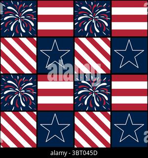 A vector patterned design featuring alternating squares with red, white, and blue elements. Some squares display fireworks, while others feature stars Stock Vector