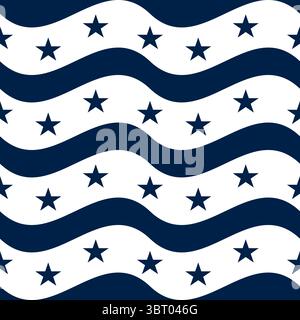 A repeating vector pattern of wavy lines and stars in navy blue and white. The design features alternating waves and star shapes, creating a rhythmic Stock Vector