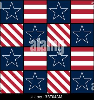 A vector patterned design featuring alternating squares with red and white stripes and blue squares with white stars, creating a patriotic theme. Stock Vector