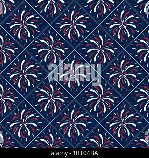A seamless vector pattern featuring stylized fireworks in red, white, and blue on a dark navy background. The design is geometric and symmetrical, sui Stock Vector