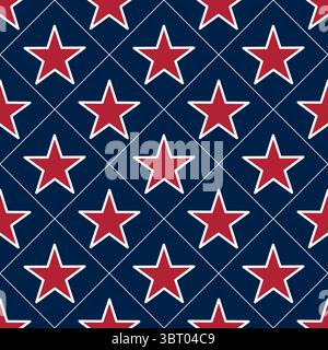 A repeating vector pattern of red stars outlined in white on a dark blue background, creating a bold and patriotic design. Stock Vector