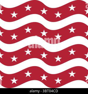 A repeating vector pattern of wavy red stripes with white stars, creating a patriotic and festive design. Suitable for various decorative uses. Stock Vector