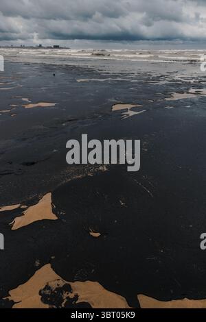 Oil leak in sea coastline after a tanker wreck. Fuel oil destroy and